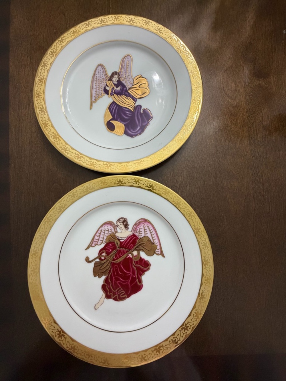 Gold-Trim Porcelain Angel Dinner Plate - White with Purple & Red Accents
